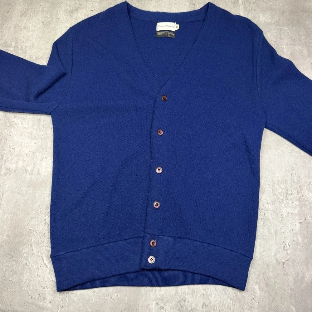 Vintage 70s/80s Men's Town And Country Acrylic Cardigan Blue Knit Medium USA
